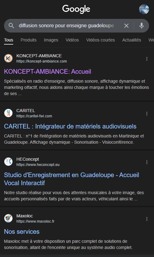 capture d'écran recherche google maps top 3 diffusion sonore pour enseigne Guadeloupe
