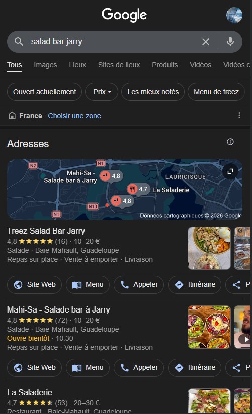 capture d'écran recherche google maps top 3 salad bar jarry