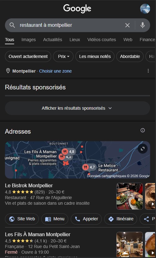 capture d'écran recherche google maps top 3 restaurant Montpellier