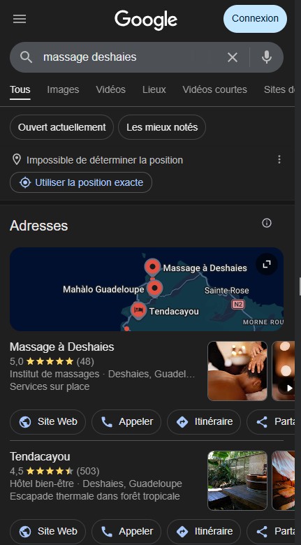 capture d'écran recherche google maps top 3 massages deshaies
