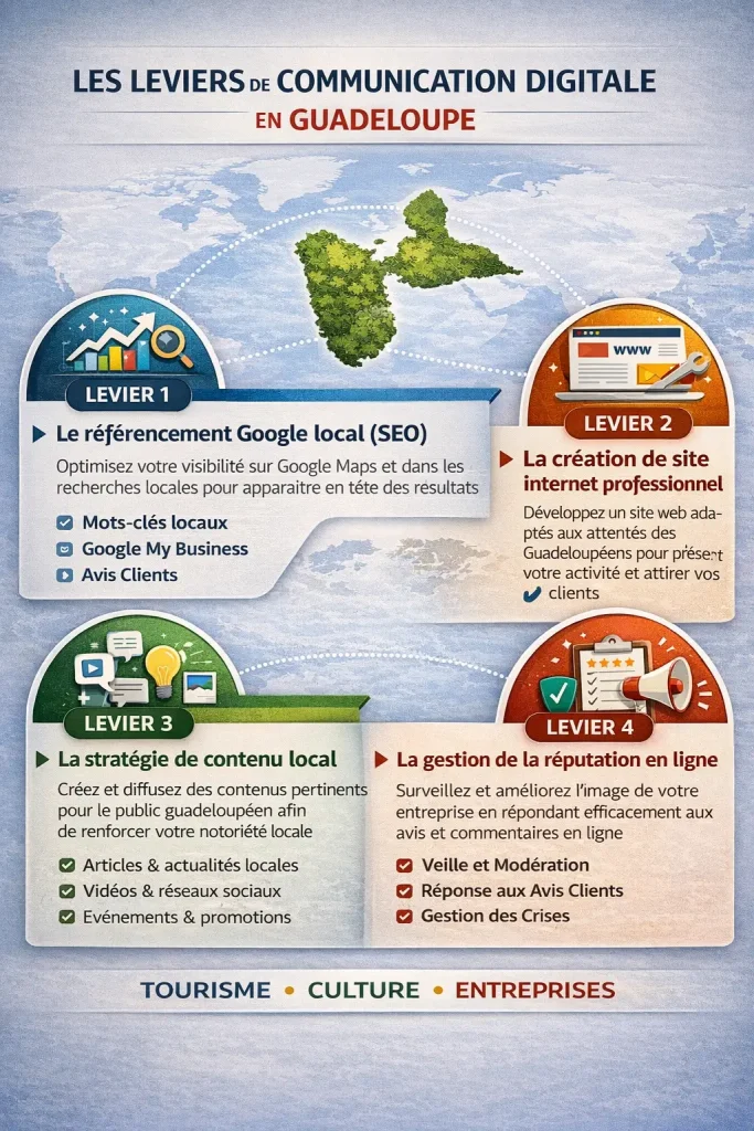 Infographie sur les leviers de communication digitale en Guadeloupe