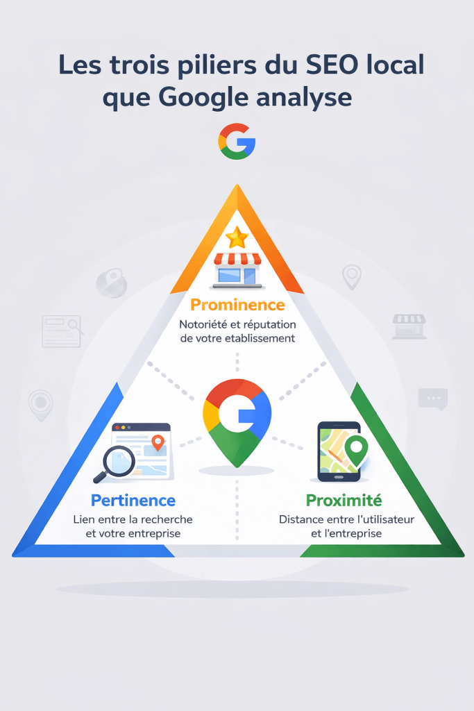 nfographie en triangle illustrant les trois piliers du SEO local en Guadeloupe : pertinence (correspondance entre la recherche et l’entreprise), proximité (distance avec l’utilisateur) et notoriété (avis et réputation en ligne sur Google).