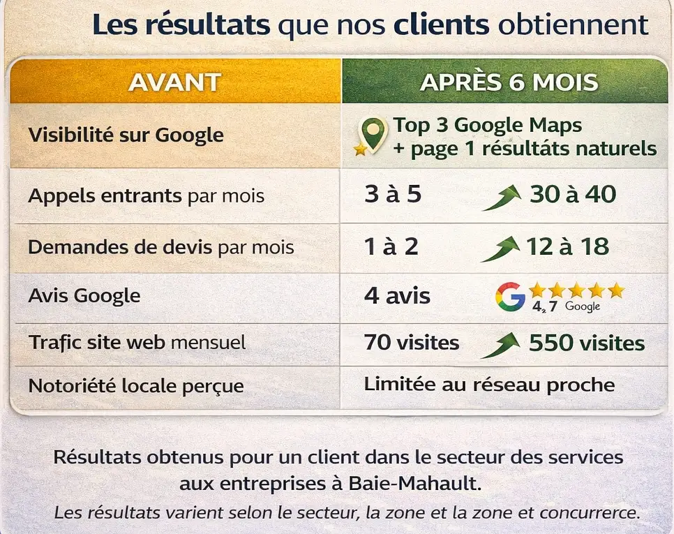 Résultats SEO local Guadeloupe avant après visibilité appels trafic