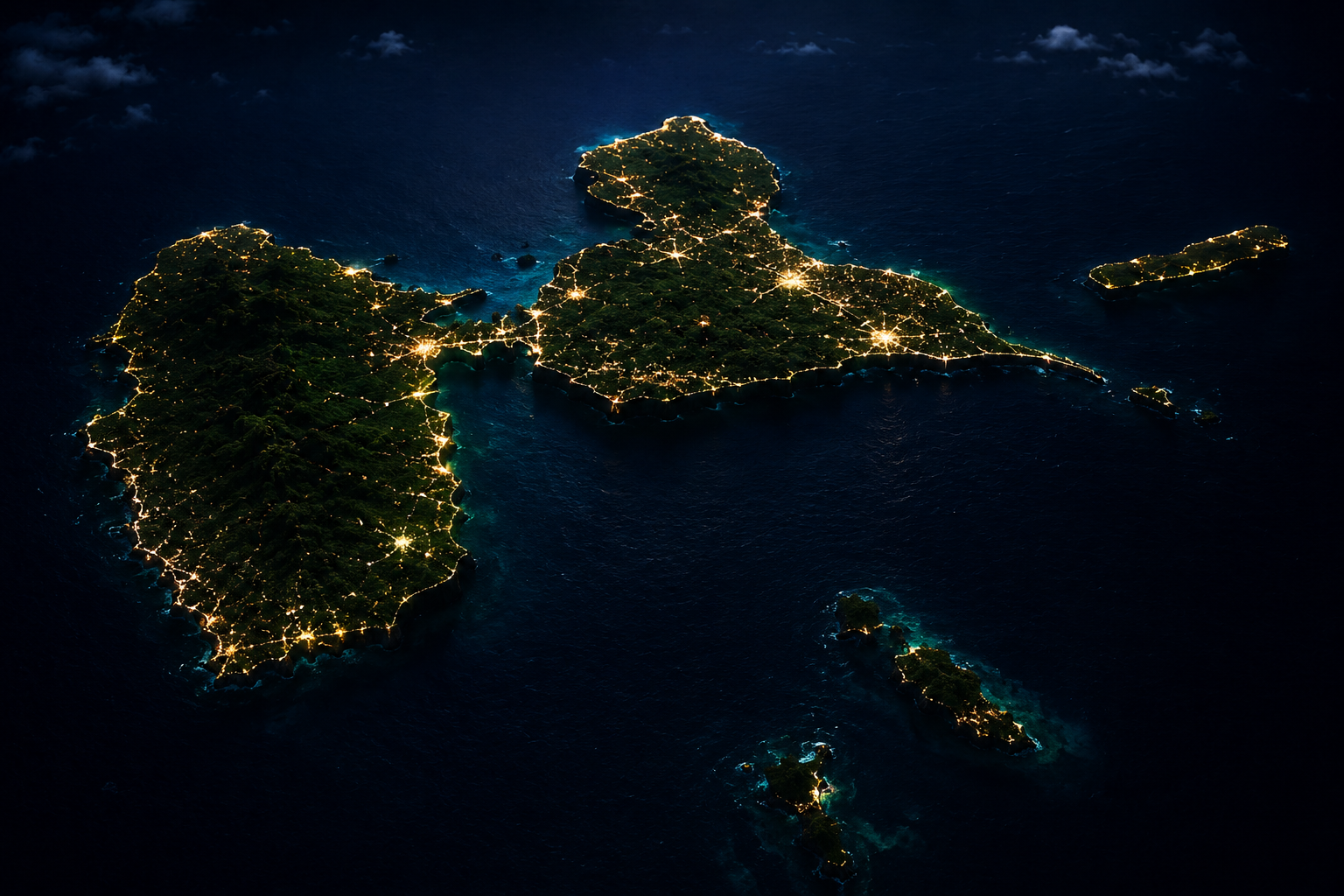 Carte nocturne de la Guadeloupe illustrant les zones d'intervention de notre agence SEO Guadeloupe